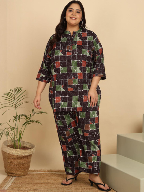 KALINI Plus Size Floral Printed Pure Cotton Top With Palazzos