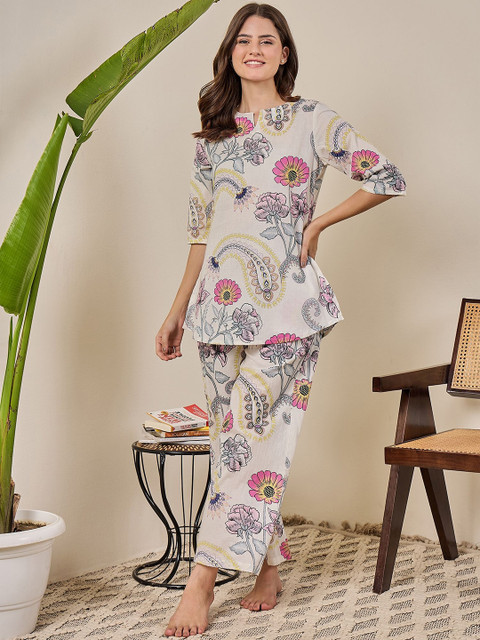 July essentials Women Floral Printed Round Neck Pure Cotton Kurti & Pyjamas