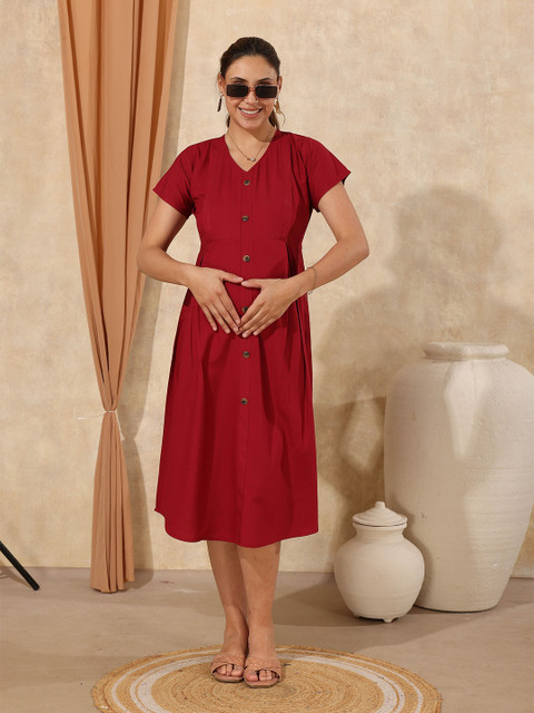EASY MOM Women Cape Sleeve Liva Maternity Fit & Flare Midi Dress