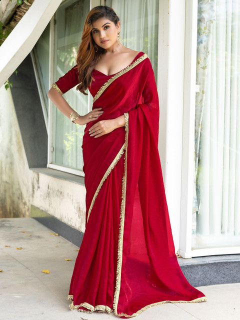Mitera Satin Embellished Detail Saree with Blouse Piece