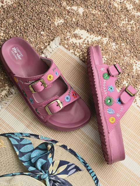 BIRDE Women Flower Embroidered Sliders with Buckles