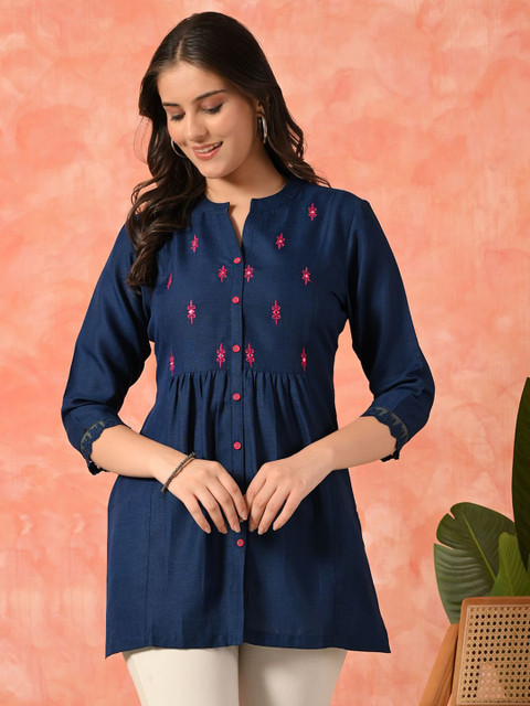 Sangria Embroidered Mandarin Collar Cotton Tunic