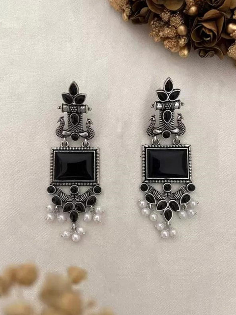 Anouk Silver-Plated Artificial Stones Studded And Beaded Contemporary Drop Earrings