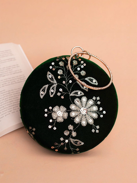 ARTKLIM Floral Embroidered Sequinned Round Shaped Box Clutch