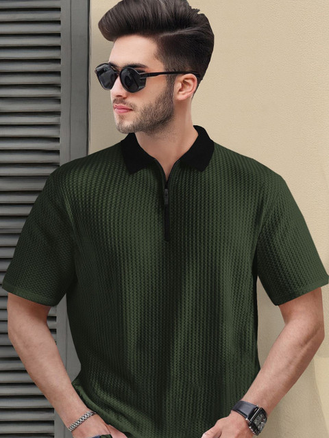 TRIPR Men Solid Striped Regular Fit Polo Collar T-shirt
