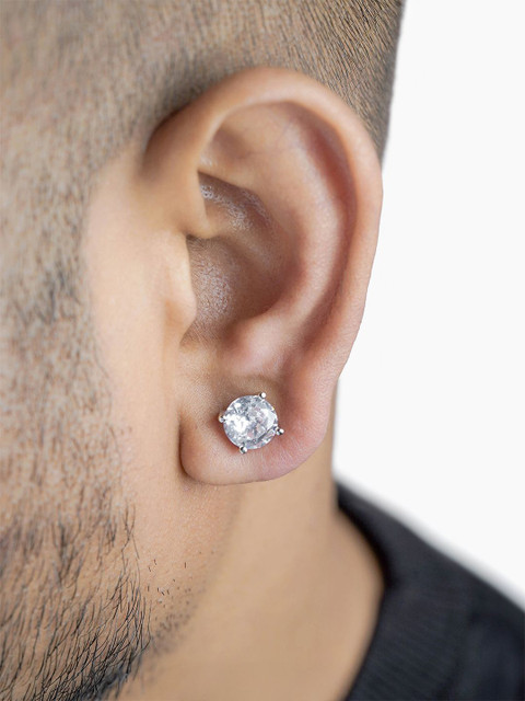 SWASHAA Stainless Steel Silver-Plated Circular Shaped Cubic Zirconia Studs Earrings