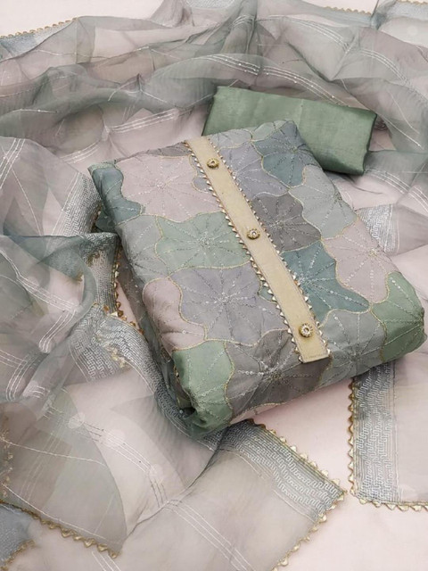 KALINI Green Organza Position Print With Sequence Work Unstitched Dress Material