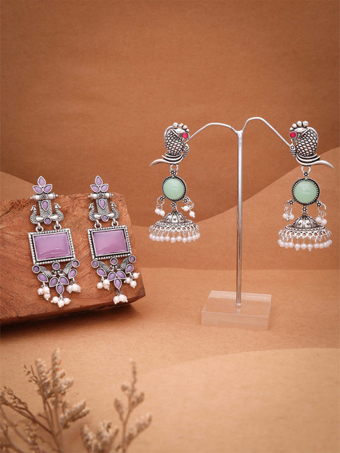 Anouk Set of 2 Silver-Plated Artificial Stone & Beads Dome Shaped Jhumkas