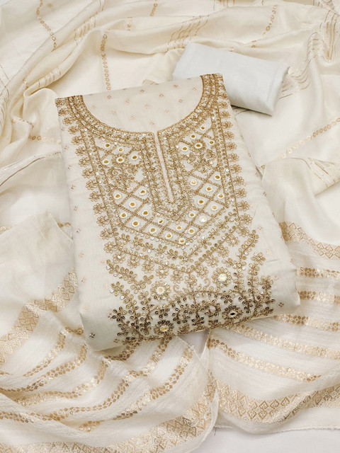 LeeliPeeri Designer Floral Embroidered Chanderi Silk Butti Unstitched Dress Material