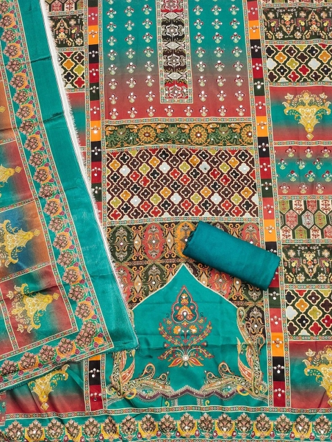 KALINI Blue France Silk Digital Print Mirror & Diamond Work Unstitched Dress Material - Image 4