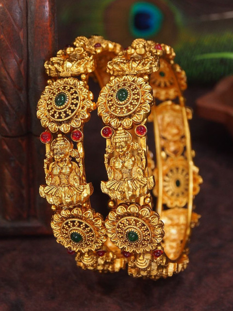 SGA FASHION Set Of 2 Gold-Plated American Diamond Studded Temple Bangles
