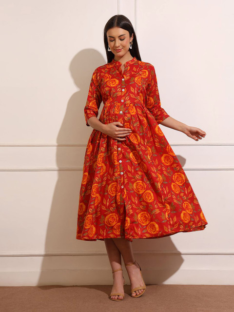 Aanyor Women Floral Print Maternity Shirt Maxi Dress