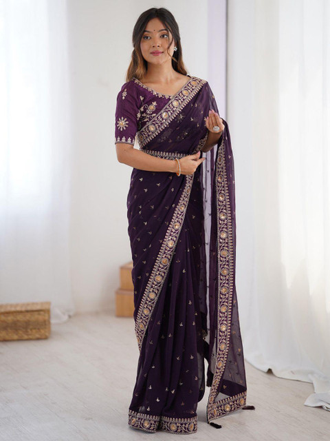 KALINI Purple Pure Georgette Embellished Sarees