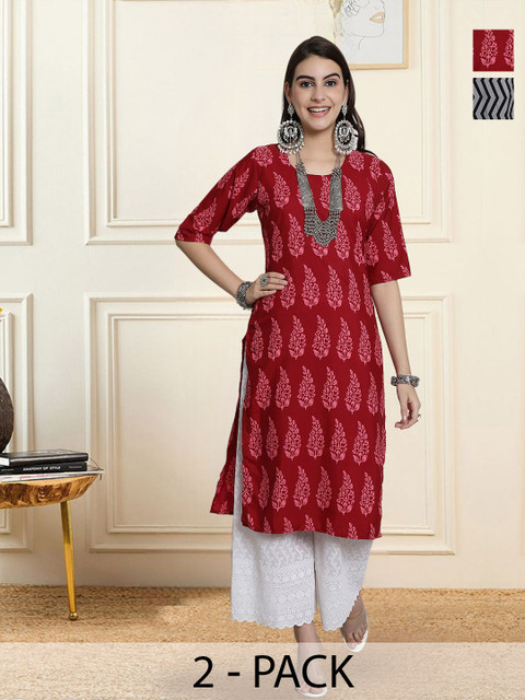 HERE&NOW Selection Of 2 Floral Printed Round Neck Straight Kurtas