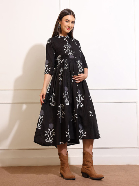 Aanyor Women Floral Print Maternity Fit & Flare Midi Dress