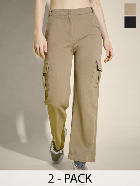 QIOA Women Pack Of 2 Relaxed High-Rise Cargos Trousers