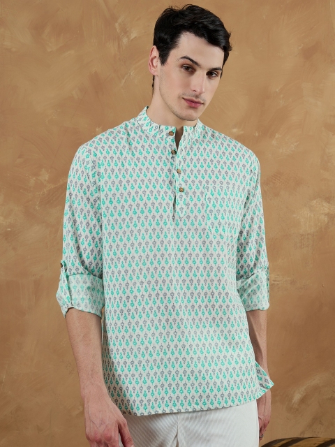 DENNISON Men White & Blue Ethnic Motifs Printed Kurta