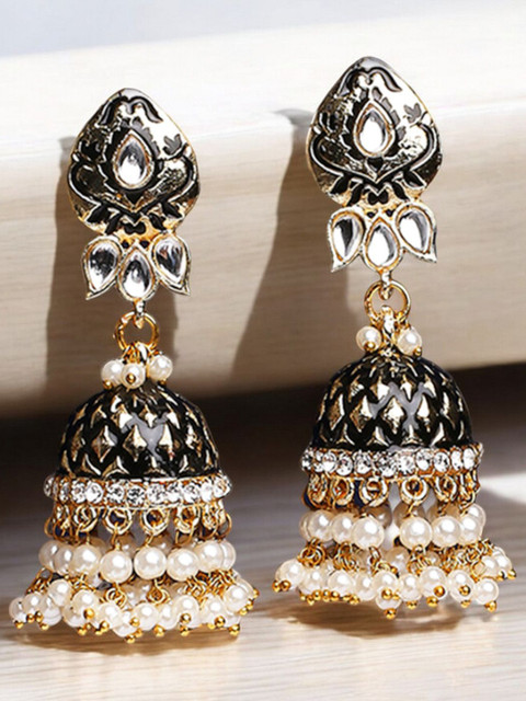 Anouk Gold-Plated Artificial Stones Studded And Beaded Dome Shaped Jhumkas
