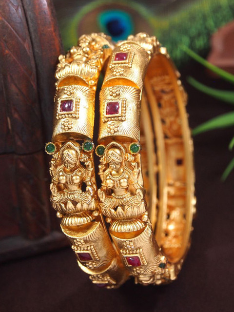 SGA FASHION Set Of 2 Gold-Plated American Diamond Studded Temple Bangles