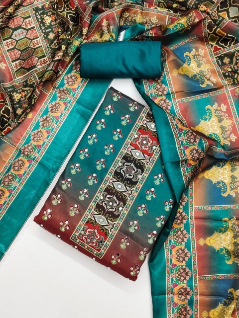 KALINI Blue France Silk Digital Print Mirror & Diamond Work Unstitched Dress Material - Image 2