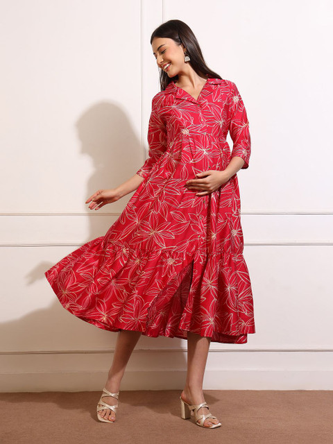 Aanyor Women Floral Printed Maternity Shirt Maxi Dress