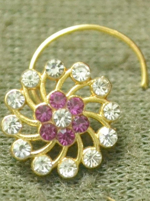 SHREEVARAM Cubic Zirconia Diamond Gold-Plated Brass Nose Ring