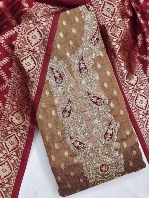 KALINI Beige Simmer Silk Sequence Work Unstitched Dress Material - Image 4