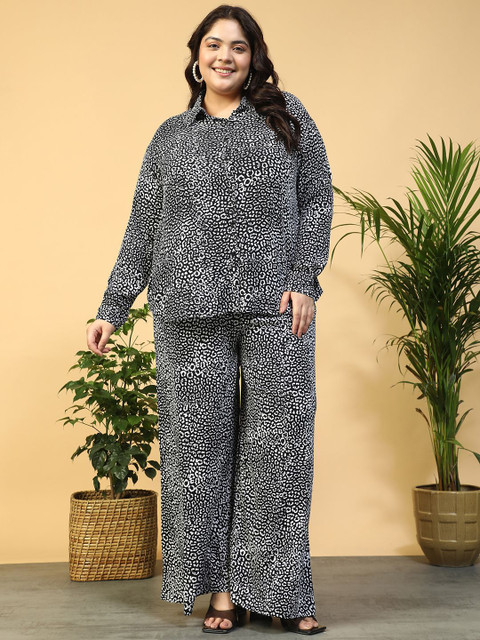 Women Plus Size Black Animal Print Collared Shirt with Flared Pants Co-ord Set