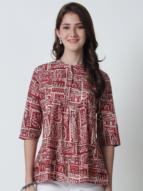 Moda Rapido Printed Mandarin Collar Regular Organic Cotton Top