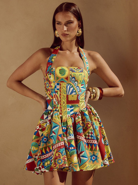 ZYNG Women Print Halter Neck Peplum Dress