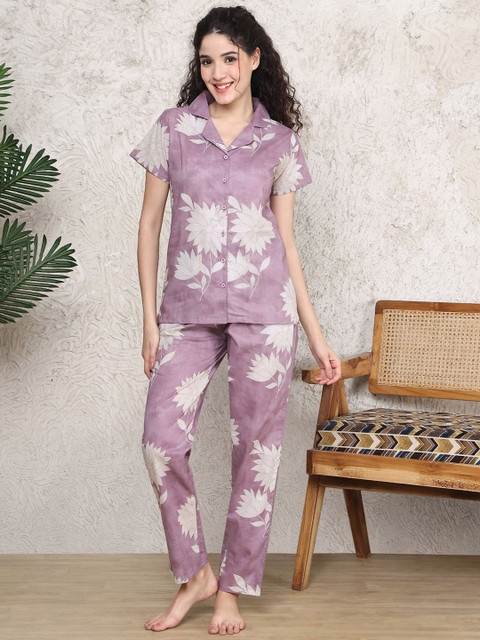 Boston Club Women Floral Printed Lapel Coller Night suit