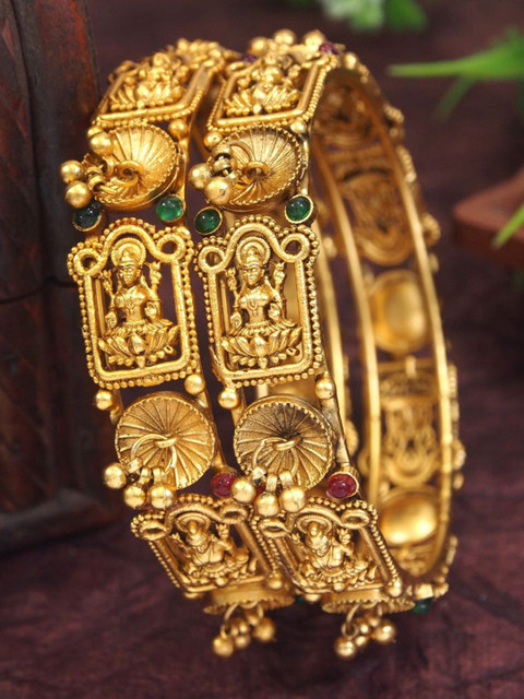 SGA FASHION Set Of 2 Gold-Plated American Diamond Studded Temple Bangles