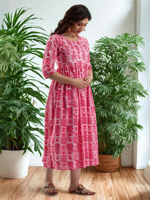 Vaidiki Women Maternity Plus Size Floral Printed Flared Cotton Ethnic Dress