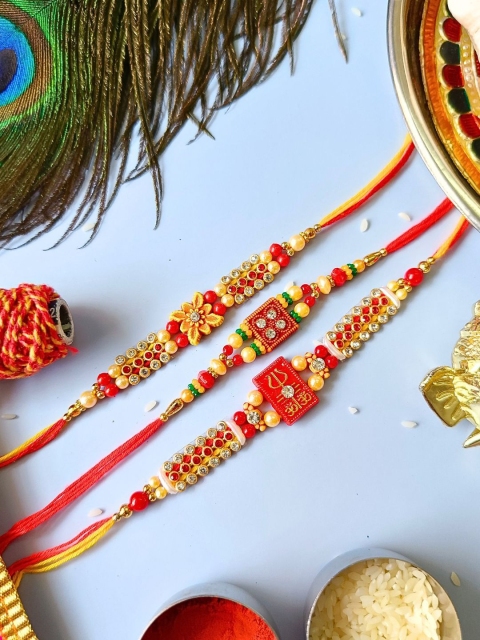 Anouk Set Of 3 Beaded Thread Rakhis With Roli Chawal