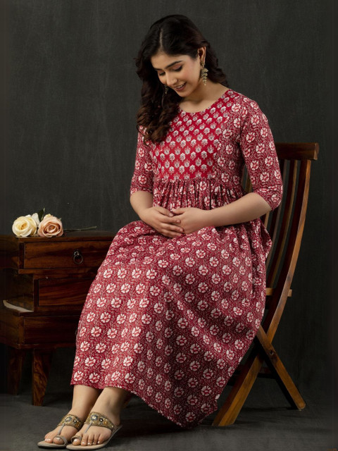 Vaidiki Women Maternity Plus Size Floral Printed Flared Cotton Ethnic Dress