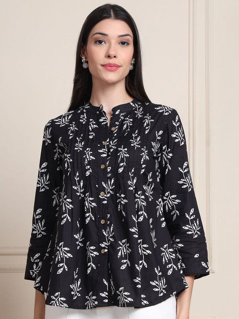 Moda Rapido Floral Printed Mandarin Collar Organic Cotton Shirt Style Top