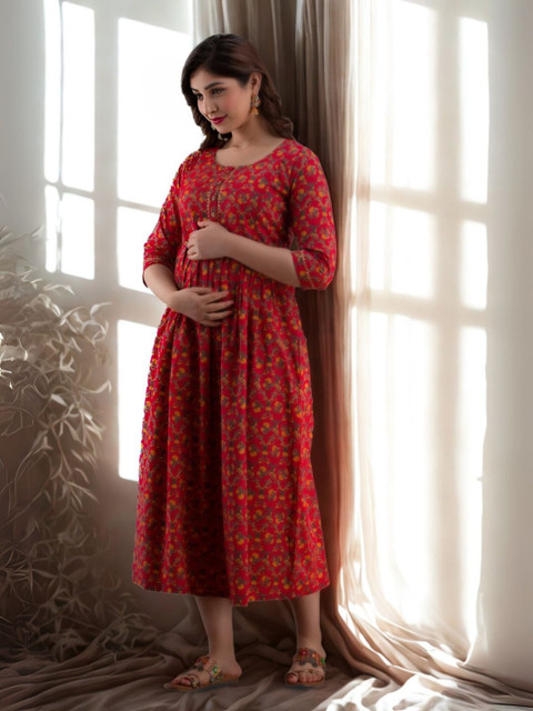 Vaidiki Women Maternity Plus Size Floral Printed Flared Cotton Ethnic Dress