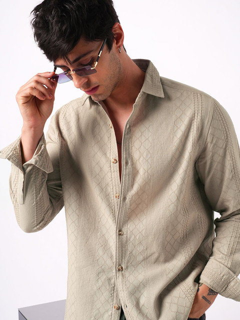 VASTRADO Classic Bisque Embroidered Slim Fit Cotton Casual Shirt