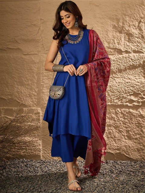 InWeave Round Neck A-Line Kurta With Palazzos And Dupatta - Image 5