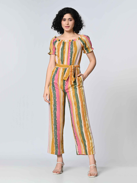 OTIRA Striped Waist Tie-Ups Basic Jumpsuit