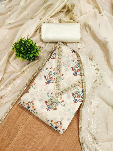 Panzora Floral Printed Beads and Stones Unstitched Dress Material