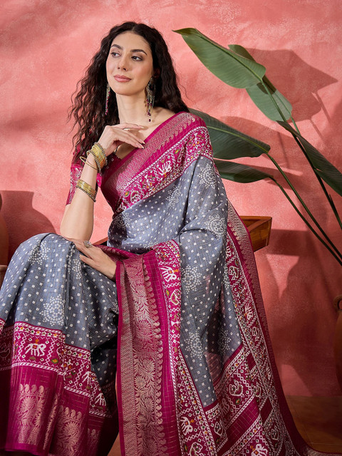 Sangria Bandhani Printed Woven Design Zari Border Saree With Unstitched Blouse