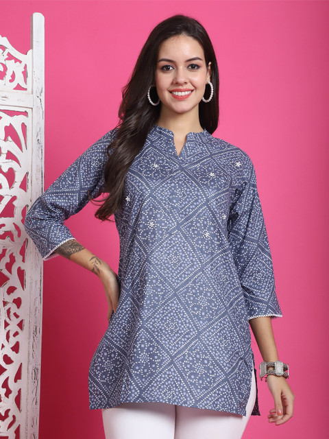 Rajnandini Floral Printed Mandarin Collar Pure Cotton Straight Kurti