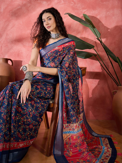 Sangria Floral Printed Linen Zari Border Regular Saree