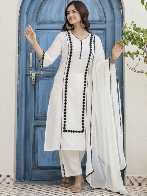 Anouk Rustic Women Floral Embroidered Cotton Kurta with Palazzo & Dupatta