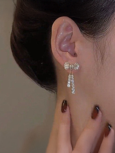 PASU FASHION Gold-Plated Artificial Stones Studded Contemporary Shaped Drop Earrings