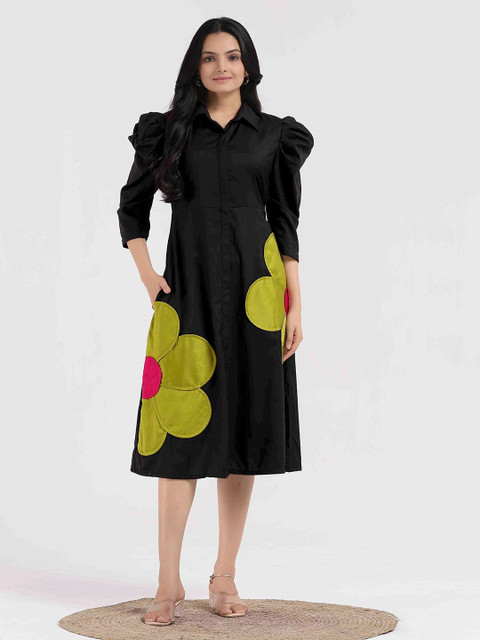 WEAVLLITE Floral Print Puff Sleeve Applique A-Line Maxi Dress