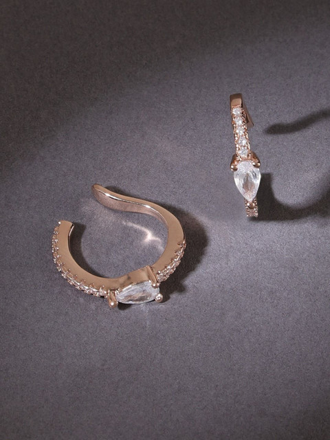 AMI Rose Gold-Plated Cubic Zirconia Studded Contemporary Ear Cuff Earrings