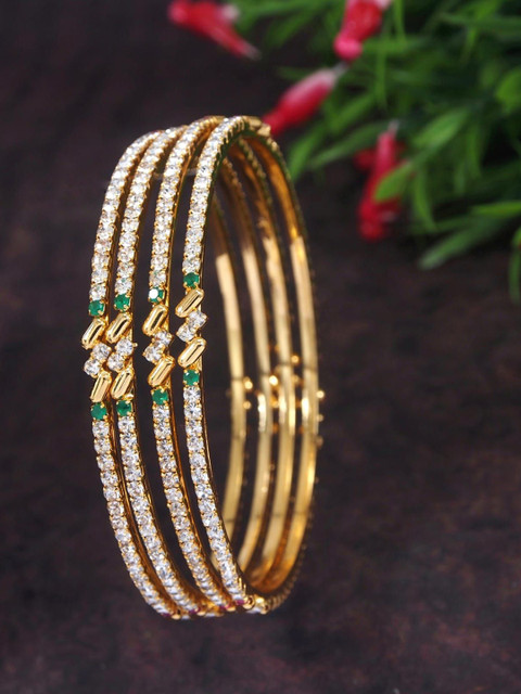 SGA FASHION Set Of 4 Gold-Plated American Diamond Stones Studded Bangles