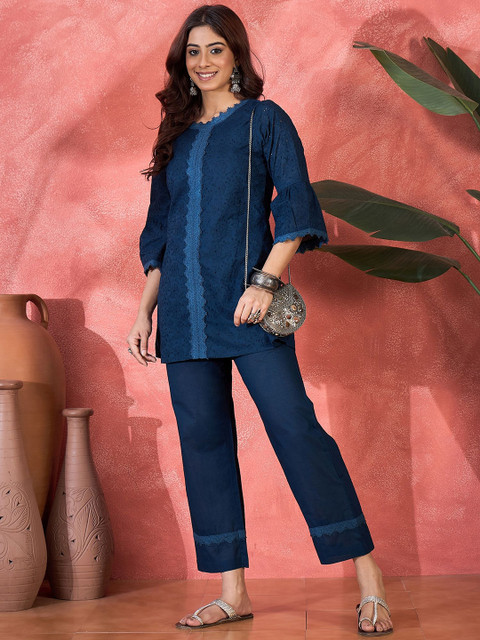Sangria Schiffli Embroidered Pure Cotton Top & Trouser Co-Ord Set - Image 6